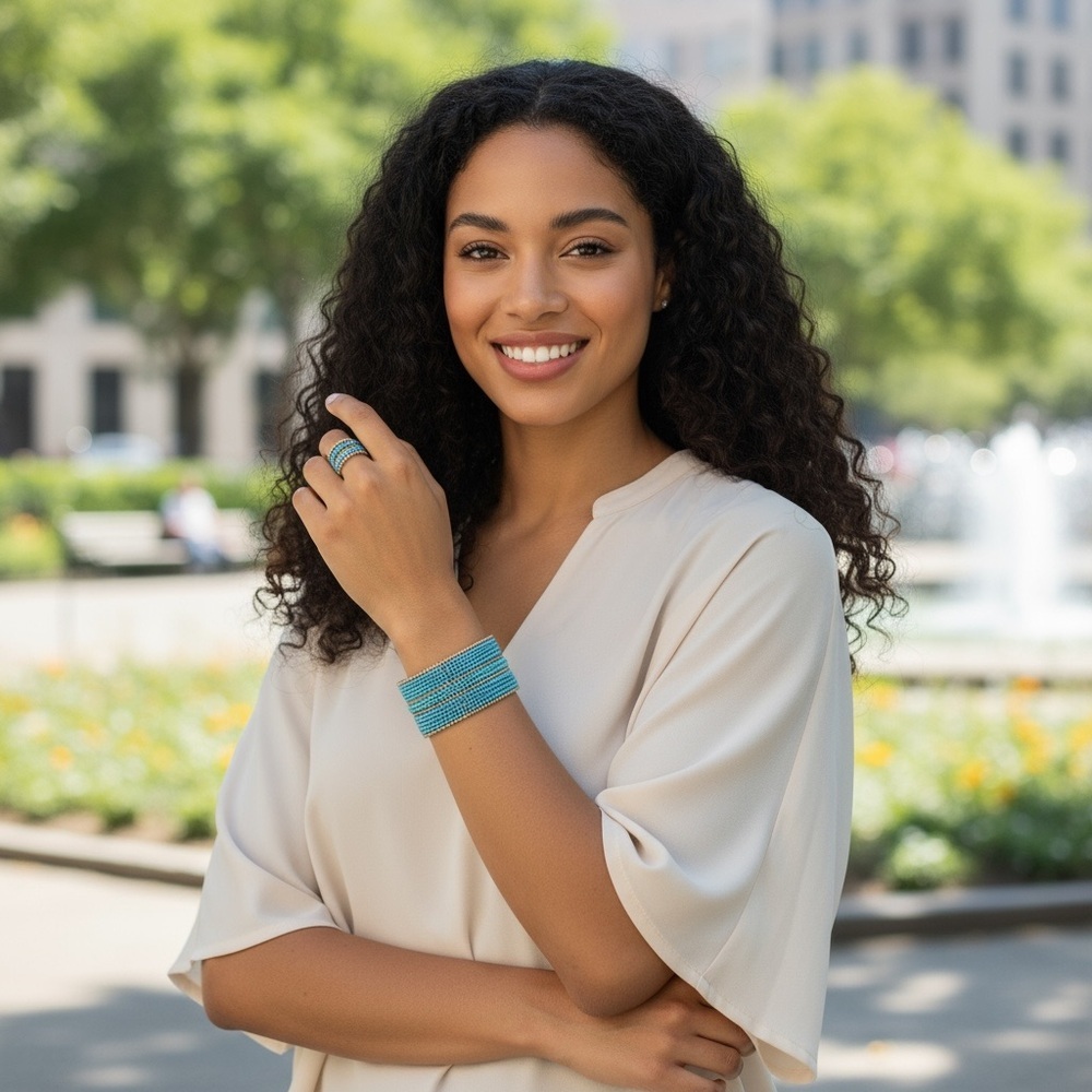 Blue Beaded Bracelet and Ring Set